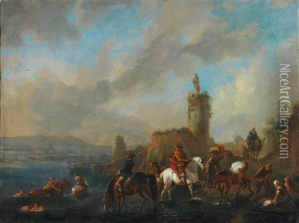 Figures And Horses At A River Oil Painting - Philips Wouwerman