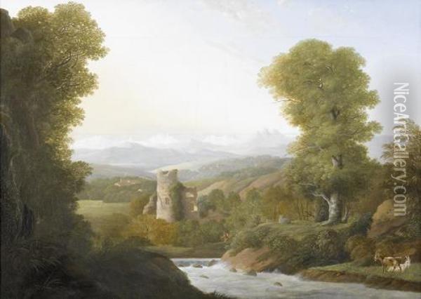 Flusslandschaft Mit Ruine Und Figurenstaffage Im Fruhling. Oil Painting - Antoine Albers