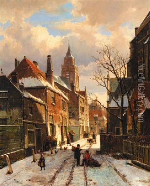 Figures Conversing In A Snow-covered Street Oil Painting - Willem Koekkoek