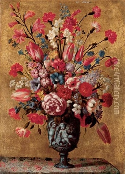 Tulips, Carnations, Roses, Anemones, Gladioli, Lilac, Morning Glory And Other Flowers In A Sculpted Urn, On A Tabletop Oil Painting - Mario Nuzzi