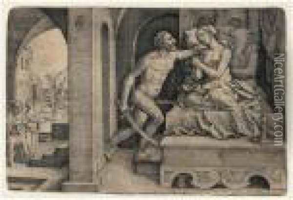 Four Scenes From Early Roman 
History, Plate I Sextus Tarquinius Raping Lucretia (b. 78; Holl.130) Oil Painting - Georg Pencz