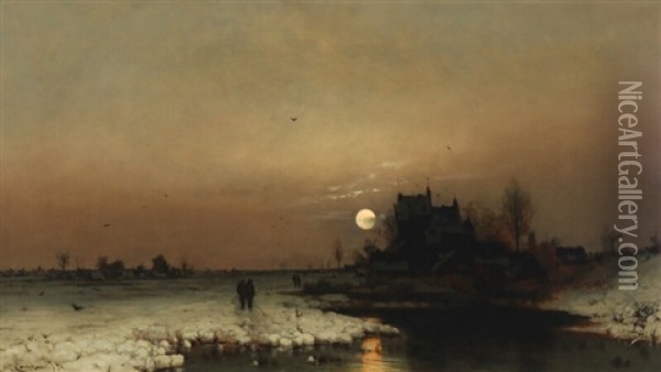 Wintery Landscape Under The Full Moon Oil Painting - Ludwig Lanckow