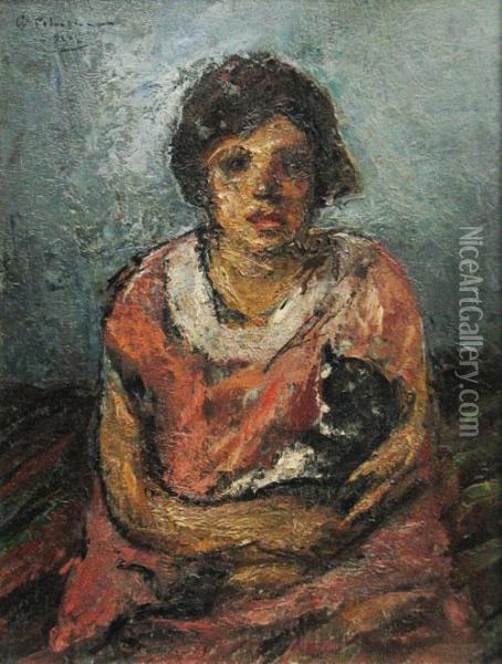 Fetita Cu Pisica Oil Painting - Petrascu Gheorghe