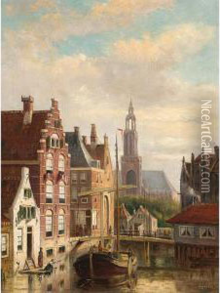 A Townview With A Barge On The Canal Oil Painting - Johannes Frederik Hulk, Snr.