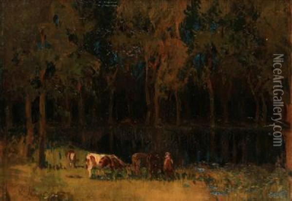 In A Pasture By A Lake Oil Painting - Karel Langer