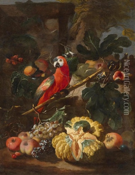 Still Life With Grapes, Peaches, Pumpkin, Figs And A Parrot Oil Painting - Giovanni Paolo Castelli (lo Spadino)