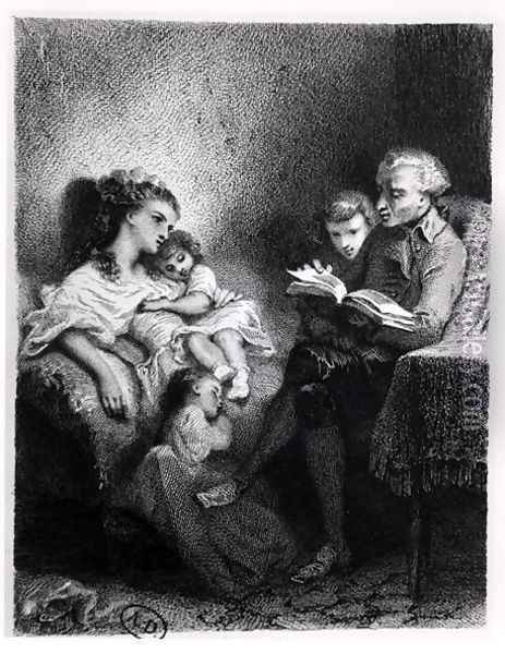 Alphonse de Lamartine 1792-1869 Reading to his Family Oil Painting - Tony Johannot