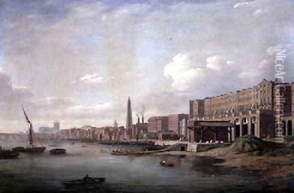 The Adelphi and the York Water Tower from the Thames 1775 Oil Painting - William Marlow