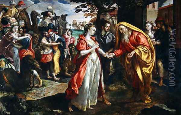 Rebecca Agreeing to Follow Eliezer, c.1562 Oil Painting - Maarten de Vos