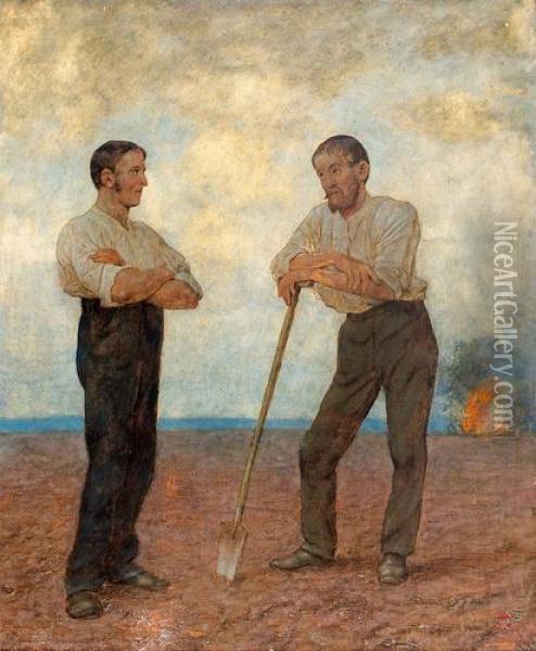 Zwei Bauern Auf Dem Acker. Oil Painting - Hans Thoma