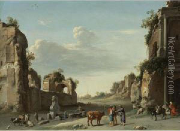 Capriccio Of Roman Ruins With A Merchant Buying A Bull Oil Painting - Cornelis Van Poelenburch