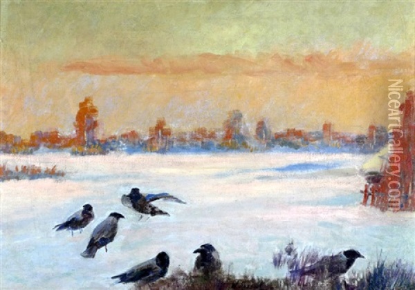 Crows In The Snow Oil Painting - Woiciech (Aldabert) Ritter von Kossak