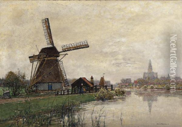 Activity By A Mill With A City In The Background Oil Painting - Hans Herrmann