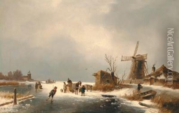 Dutch Winter Landscape With Ice Skaters Oil Painting - Josef Thoma
