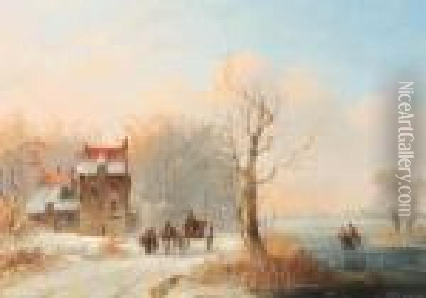 A Winter Landscape With Skaters 
On A Frozen Waterway And Ahorse-drawn Cart On A Snow-covered Track Oil Painting - Jacobus Van Der Stok