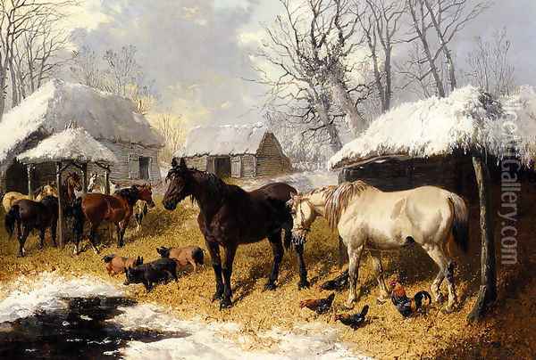A Farmyard Scene In Winter Oil Painting - John Frederick Herring Snr