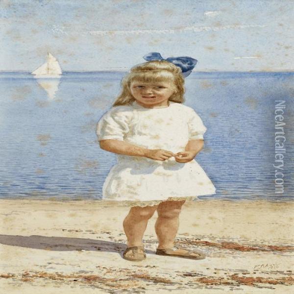 Girl I A White Summer Dressand Blue Bow Standing On The Beach Oil Painting - Peter Johan Schou
