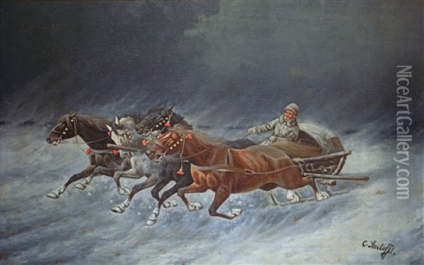 Winterlandschaft Mit Pferdegespann Oil Painting - Adolf (Constantin) Baumgartner-Stoiloff
