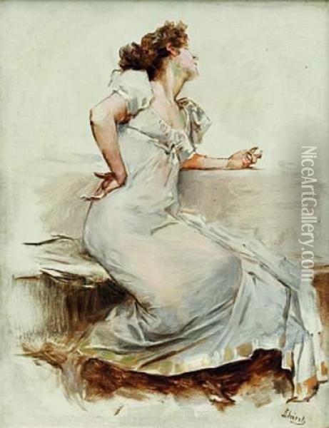 Femme Assise En Robe Blanche Oil Painting - Jules Cheret