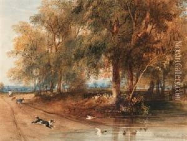 A Woodland Scene With A Dog Chasing Ducks Oil Painting - Newton Fielding