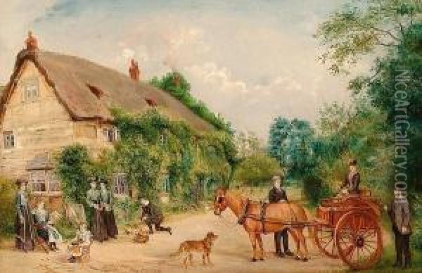 A Pony And Trap In Front Of Cottages. Oil Painting - Edwin Frederick Holt