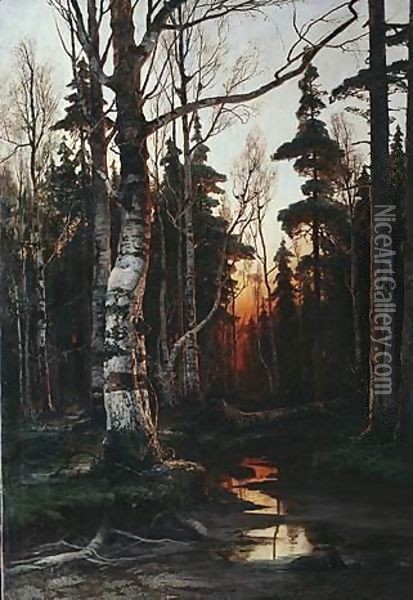Birch Forest At Sunset Oil Painting - Iulii Iul'evich (Julius) Klever