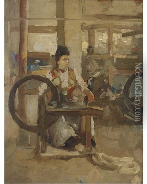 Woman Spinning Oil Painting - James Kerr-Lawson