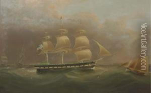 The American Flag Ship Gladiator Passing A Lighthouse With Other Shipping In The Distance Oil Painting - J. Murday