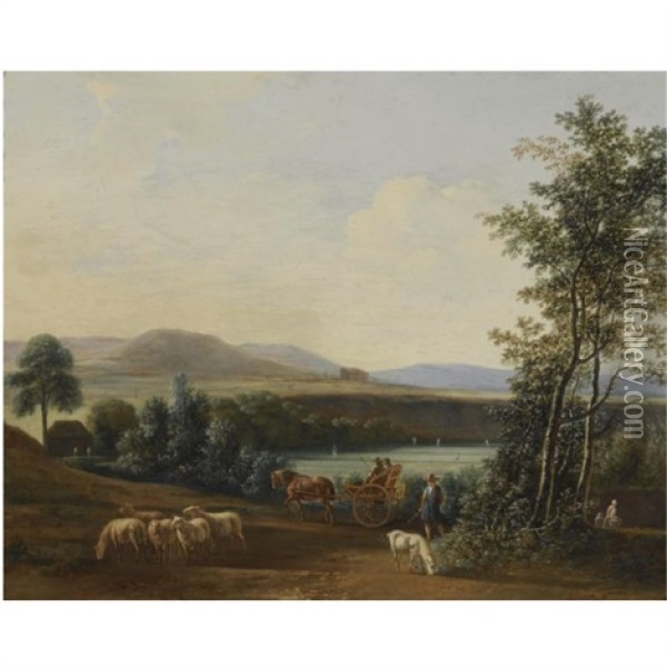 An Extensive Hilly Landscape With A Horse-drawn Carriage With Elegant Figures Riding Along Fields, A Shepherd With His Flock Of Sheep In The Foreground Oil Painting - Gerrit Adriaensz Berckheyde
