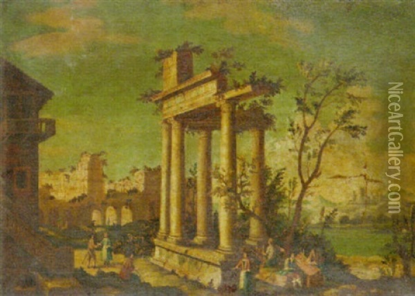 An Architectural Capriccio With Grand Tourists Among Ruins Oil Painting - Leonardo Coccorante