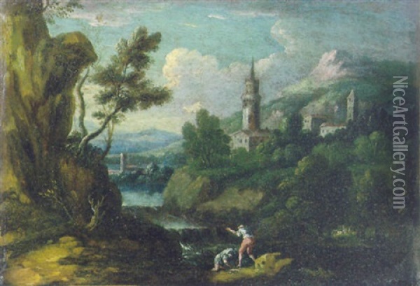 Paesaggio Lacustre Con Due Astanti E Un Borgo Turrito In Lontananza Oil Painting - Bartolomeo Pedon