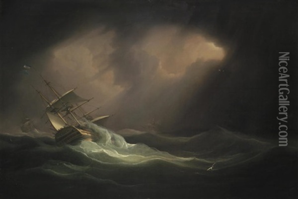 Man-o'-war In A Heavy Sea Oil Painting - William John Huggins