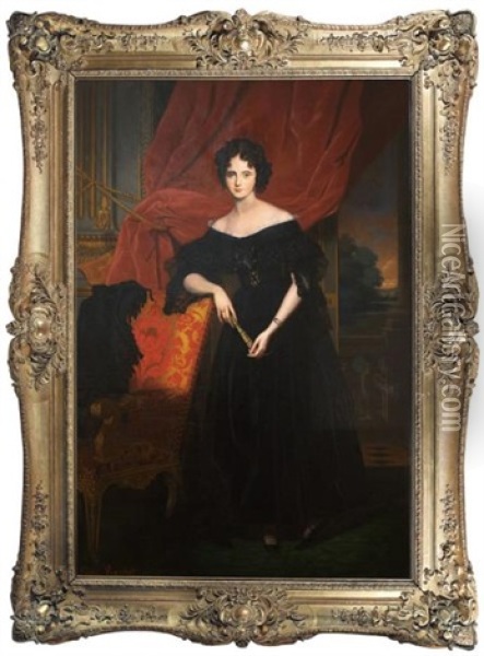 Portrait Of A Woman Shown Standing, Wearing A Black Satin And Lace Gown Against A Red Velvet Curtain, Distant Landscape Oil Painting - Leon Viardot