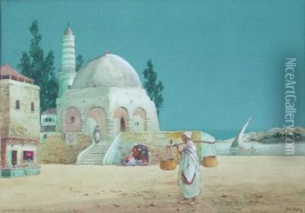 Algerian Mosque, Moonlight. Oil Painting - James Greig