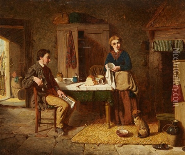 Interior Scene With Couple And Dog Oil Painting - Thomas Faed