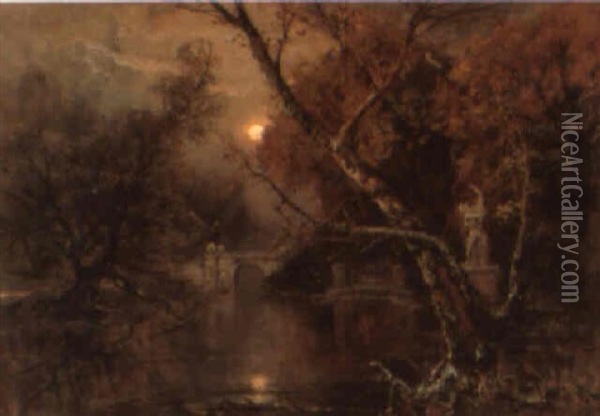A Moonlit River Landscape Oil Painting - Yuliy Yulevich (Julius) Klever