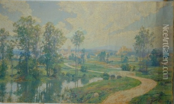 Extensive River Landscape With Village Beyond (collab. W/francis Coates Jones) Oil Painting - Hugh Bolton Jones