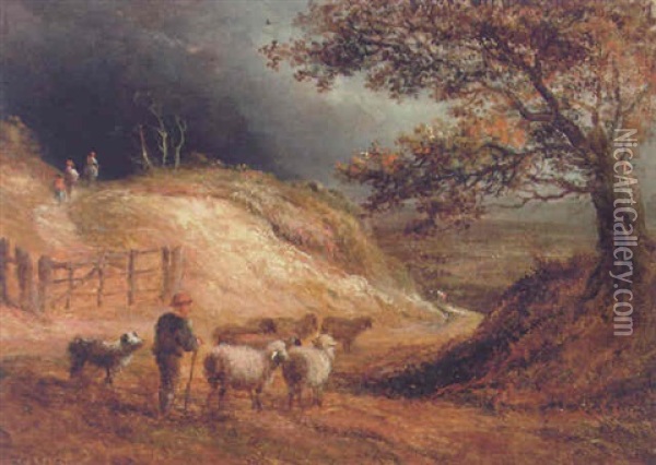 A Shepherd With His Flock On A Wooded Path Oil Painting - John Linnell