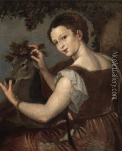Portrait Of A Girl As Diana With A Fawn Oil Painting - Jan Mytens