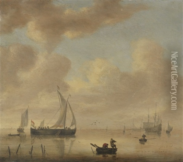 Segelschiffe Und Fischer Auf Ruhigem Meer Oil Painting - Willem van Diest