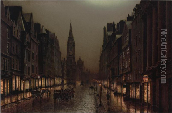 A View Of The Royal Mile, Edinburgh, With A Platoon Of Scotsguards Oil Painting - Louis H. Grimshaw