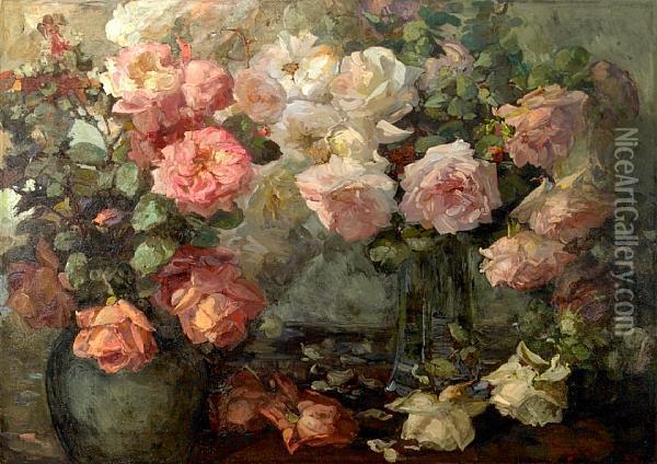 Pink And White Roses In Vases On A Table Oil Painting - Franz Bischoff