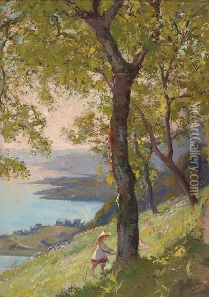 Vue Du Lac Leman Au Dessus De Montreux, Les Coteaux De Vevey. 1881 Oil Painting - Auguste Baud-Bovy