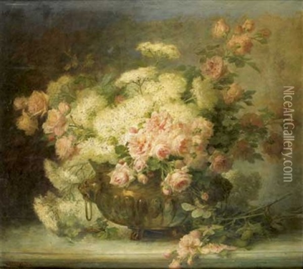 Nature Morte Au Bouquet De Fleurs Dans Un Vase En Cuivre Sur Un Entablement Oil Painting - Therese Guerin