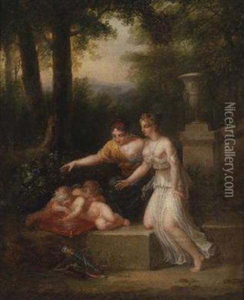 Two Nymphs And Sleeping Putti In A Park Landscape Oil Painting - Angelica Kauffmann
