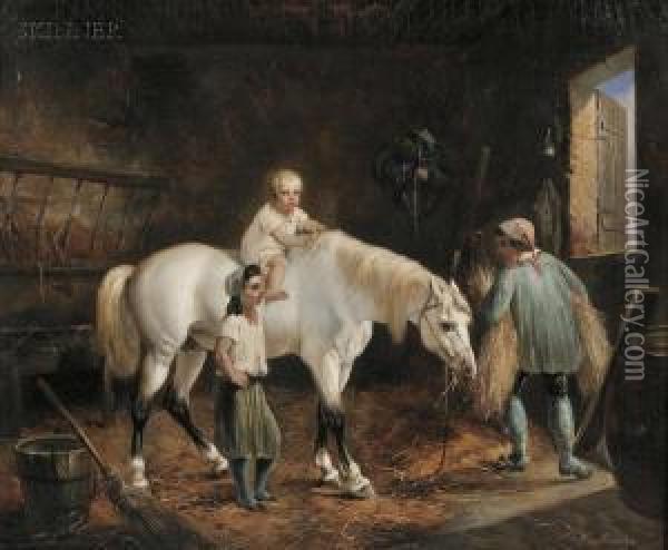 Stable View With Horse And Three Figures Oil Painting - Louis Claude Malbranche