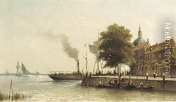 Aan De Kade: A Steamship Passing The Groot Hoofd, Dordrecht Oil Painting - Johannes Hermann Barend Koekkoek
