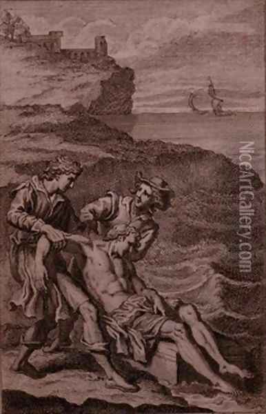 The shepherds Strephon and Klaius rescuing Musidorus from drowning Oil Painting - Louis Cheron