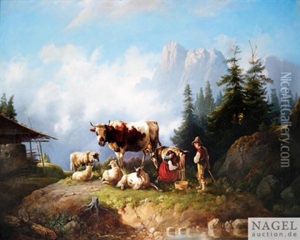 Hirtenkinder Mit Tierherde Im Hochgebirge Oil Painting - Edmund Mahlknecht