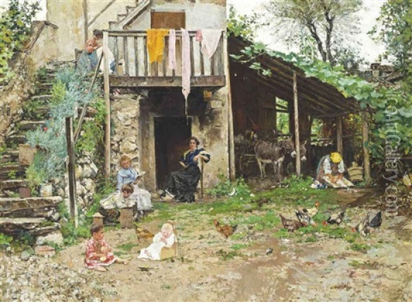 Family In The Farmyard Oil Painting - Raffaele Tafuri